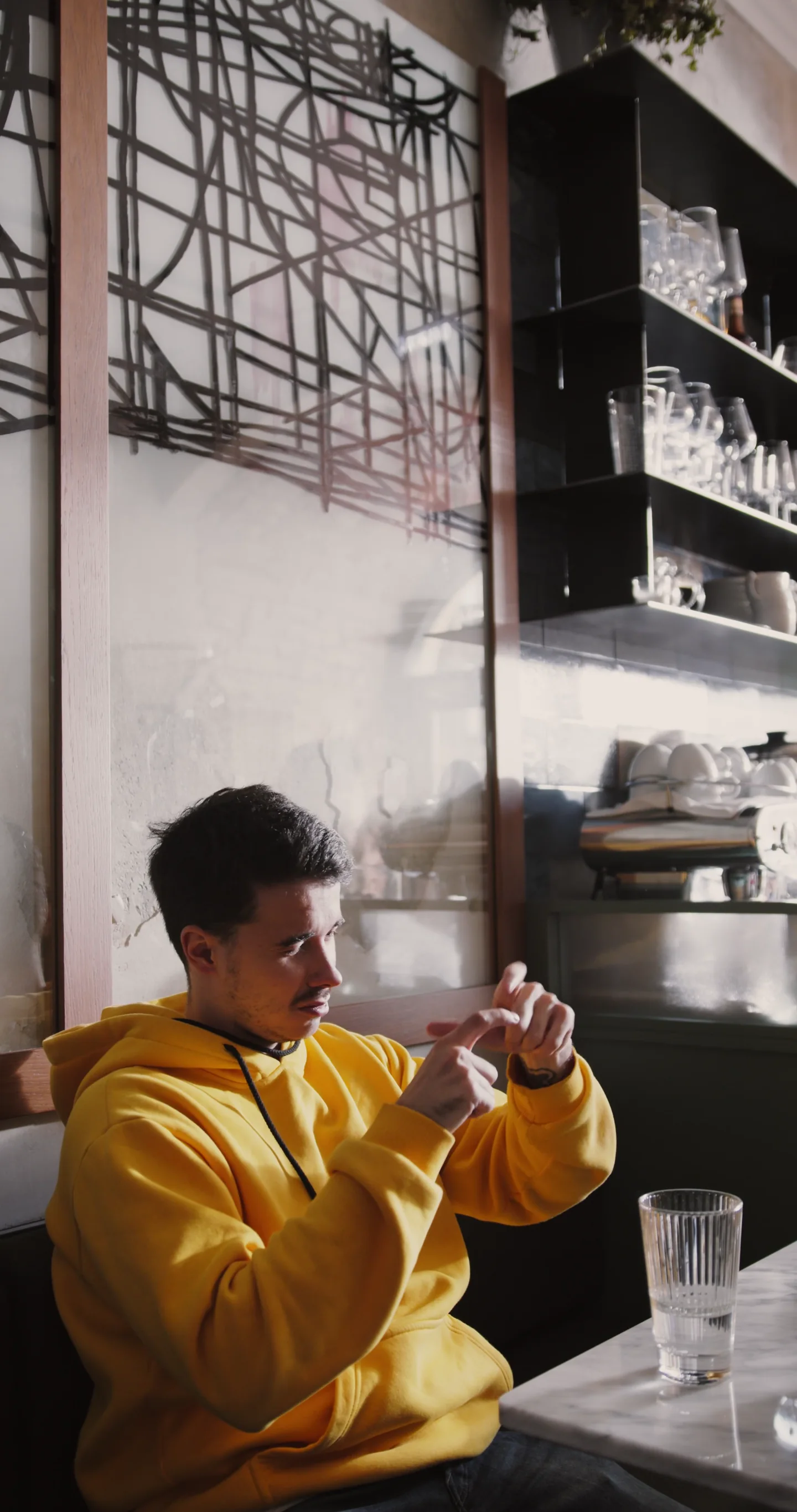 A person communicating in sign language